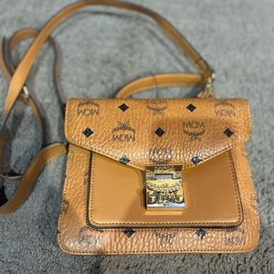 MCM Tan Crossbody Bag with Gold Hardware and Textured Leather